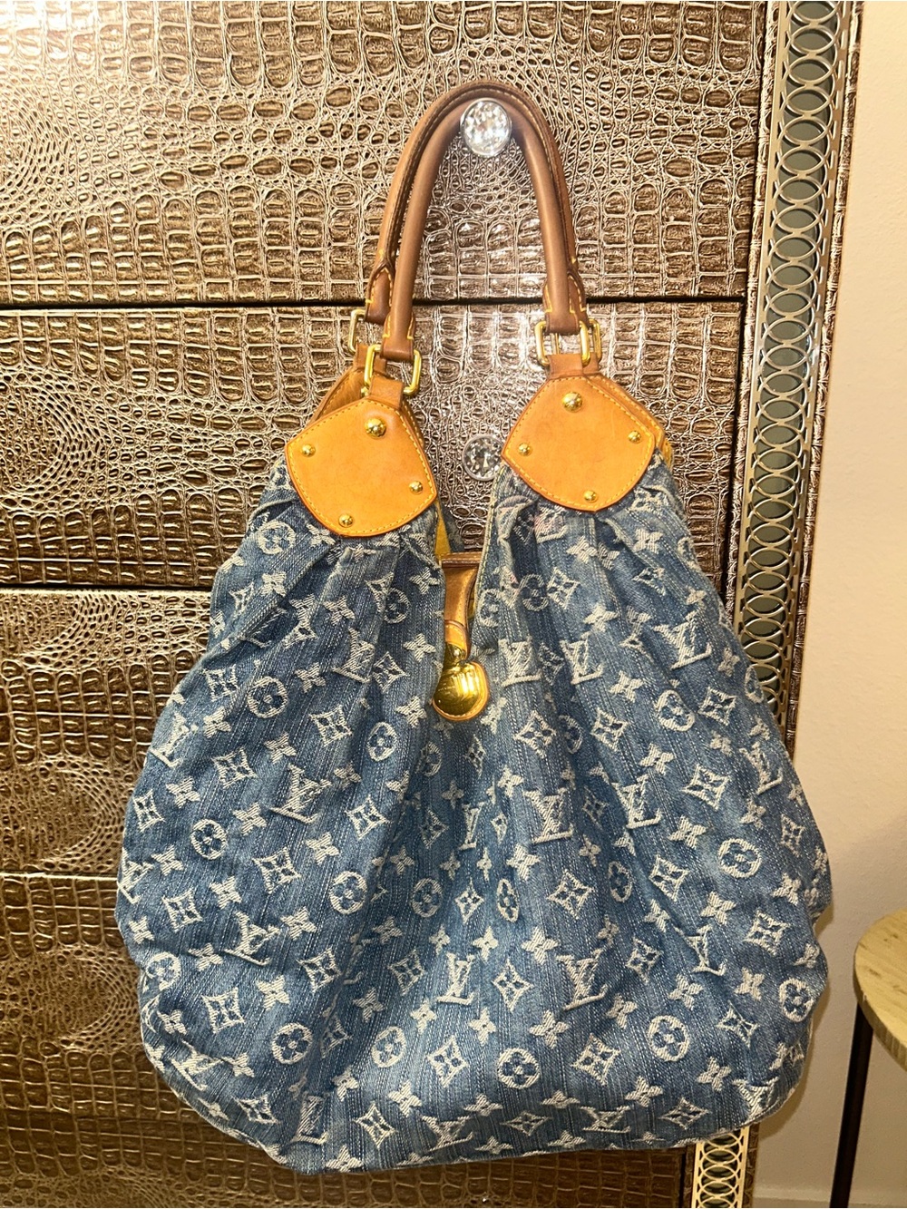 Louis Vuitton Blue Denim Monogram Hobo with Tan Leather Trim - Picture 1 of 6